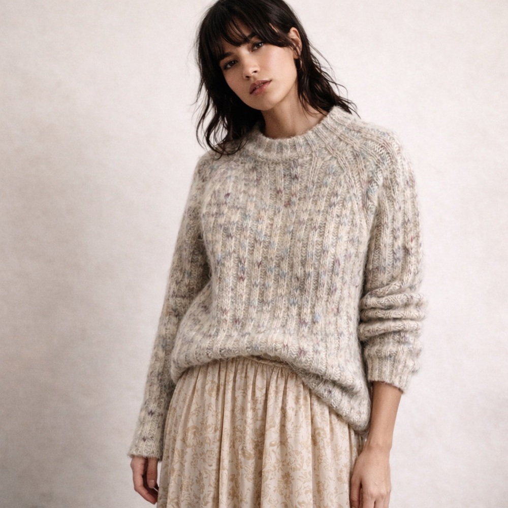 Vintage 80s Mohair Elegant Speckled Knit Sweater Chunky Knit Cream Pastel Sz L
